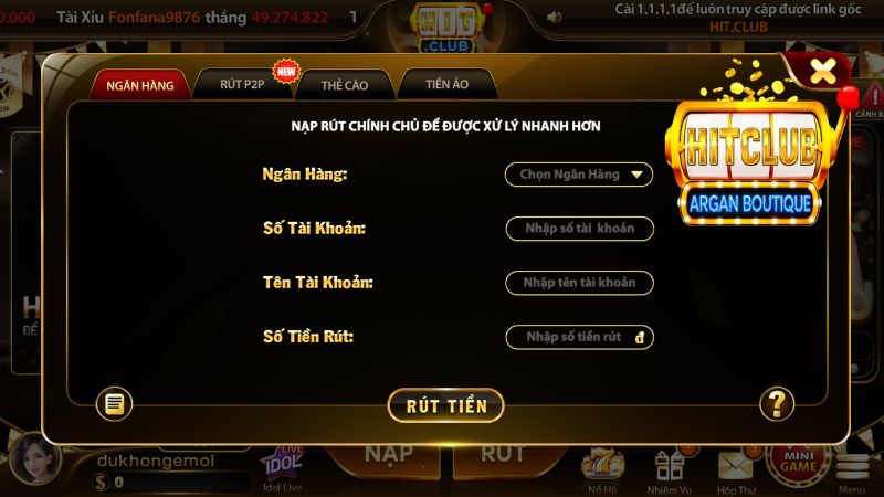 Thao tác từng bước rút tiền tại cổng game bài Hitclub qua ngân hàng và thẻ cào